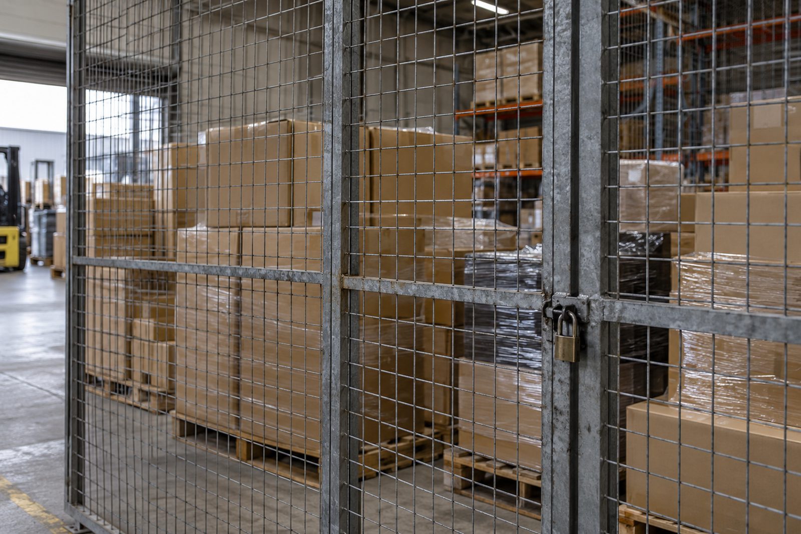 Returned goods on pallets behind a security cage