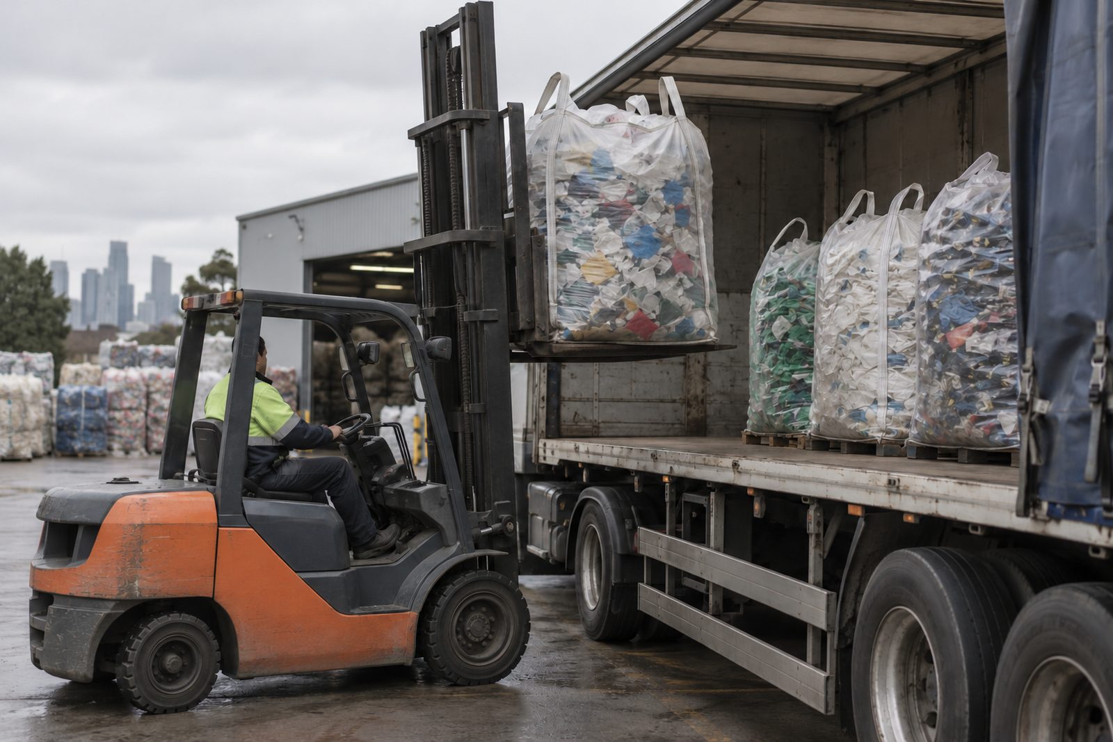 Bulk bags of sorted plastic offcuts lifted onto a truck