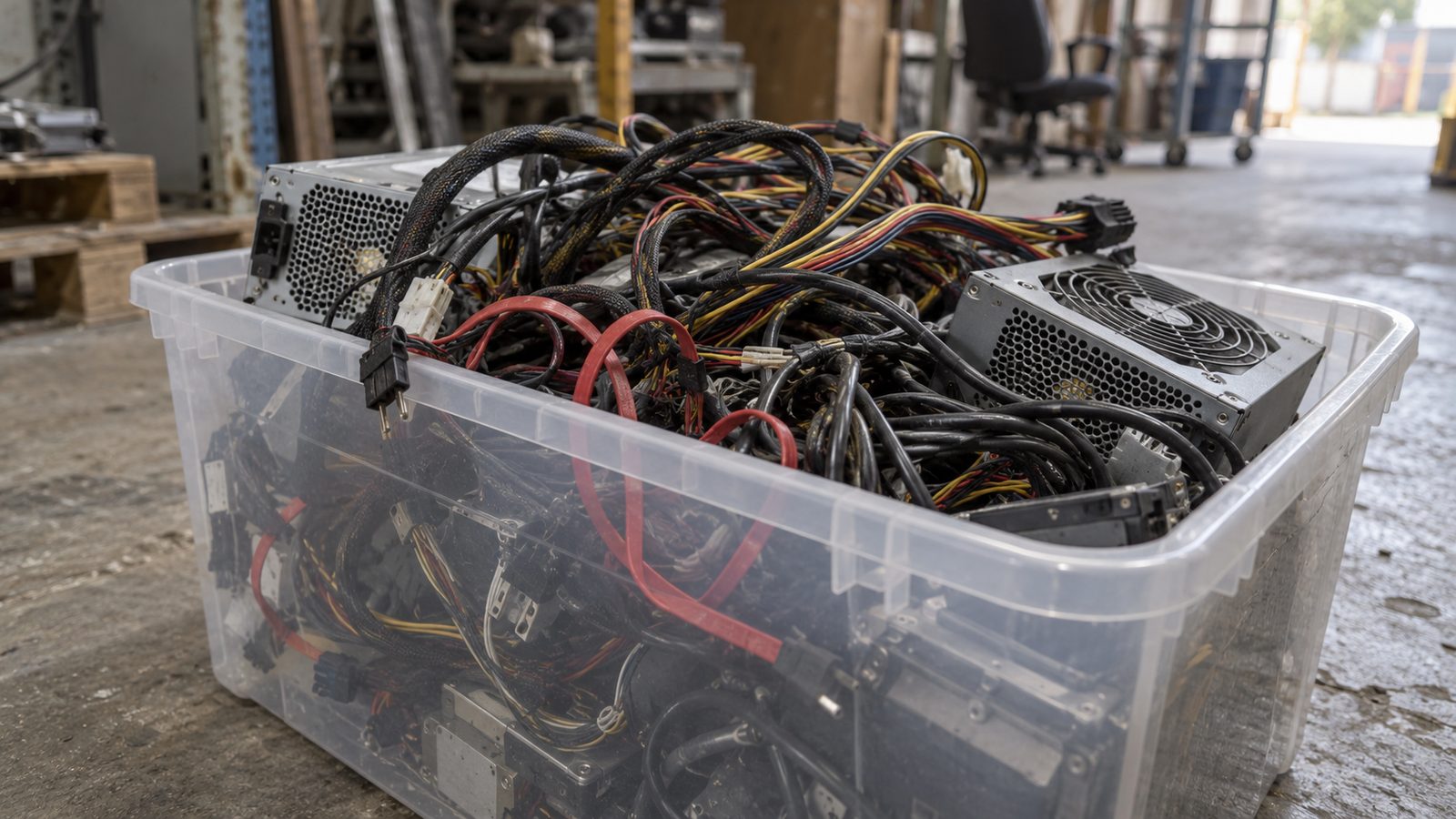 Crate of business power leads, data cables and power supplies