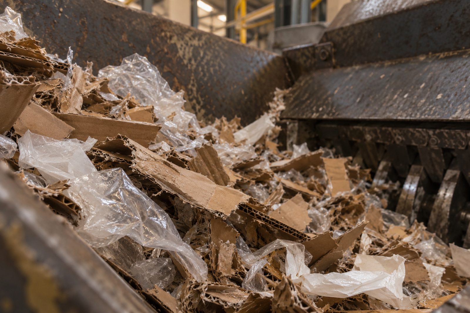Shredded product packaging in a shredder hopper, close-up