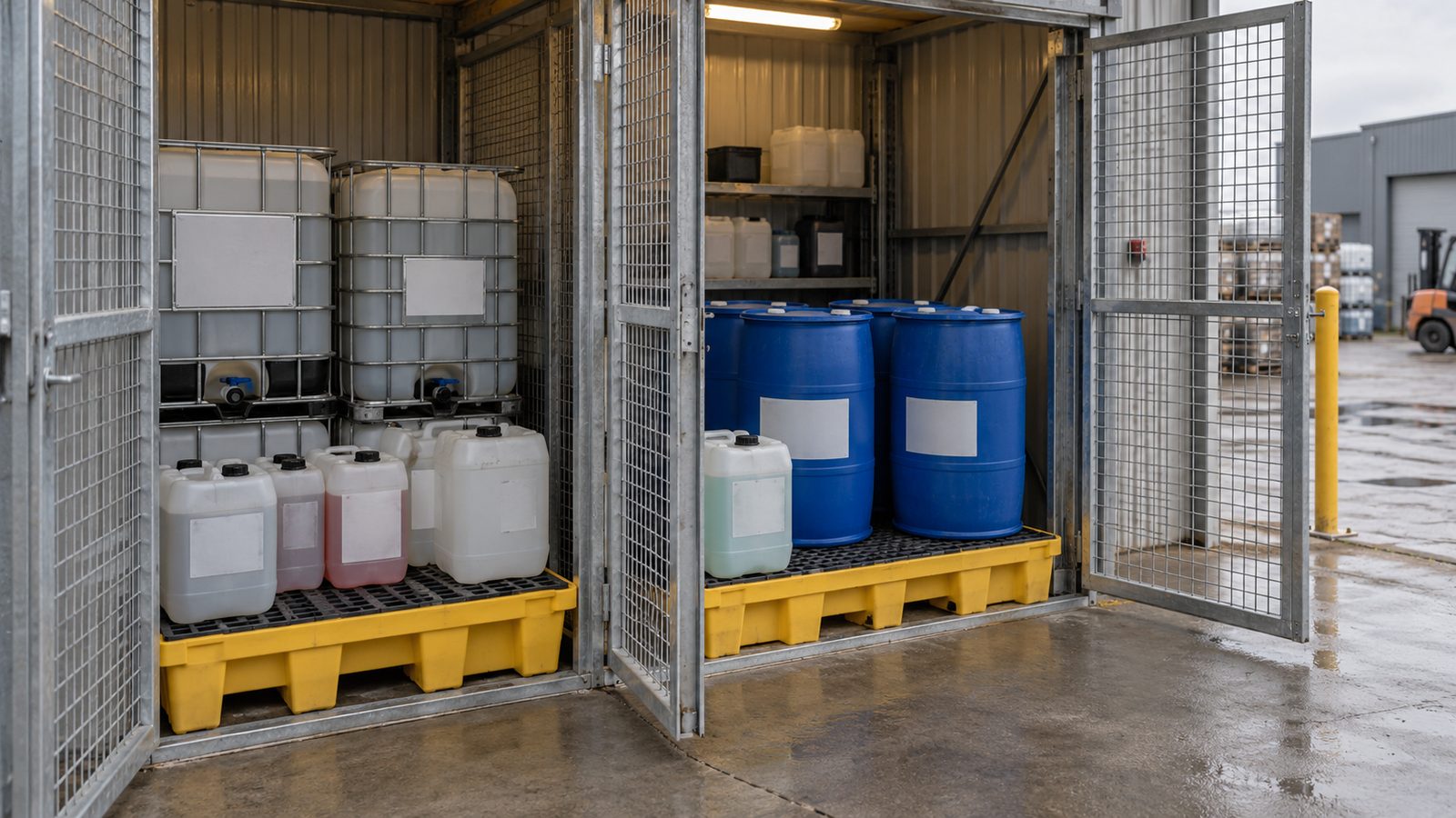 Sealed chemical containers on bunded pallets in a dangerous goods store