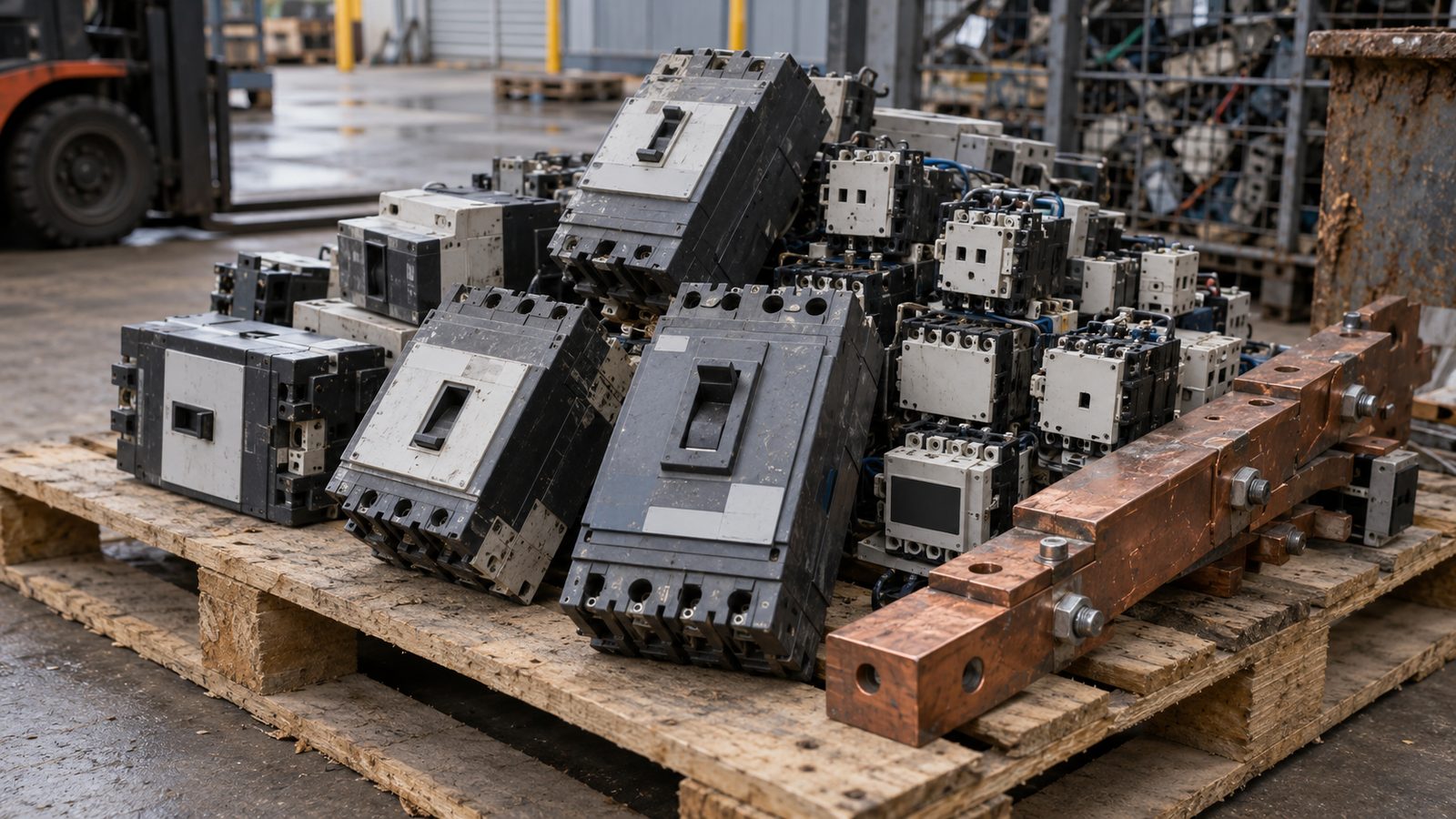 Removed circuit breakers, contactors and copper busbar on a pallet