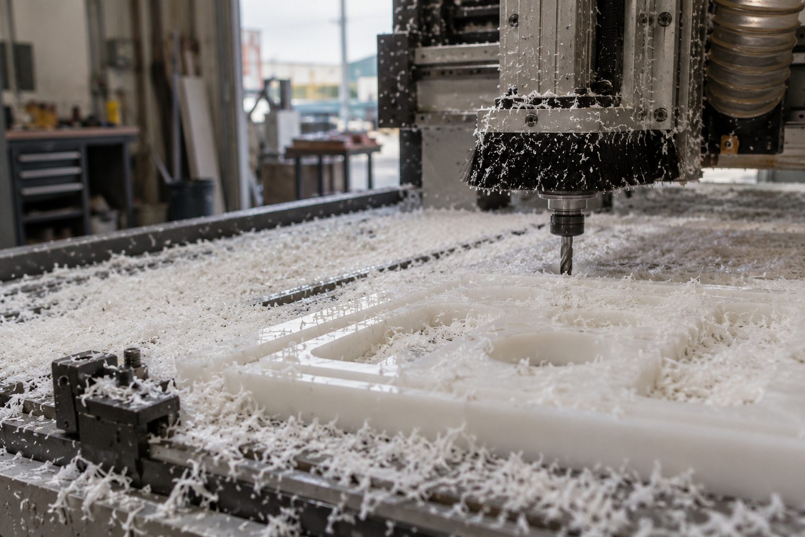CNC router bed covered in nylon swarf