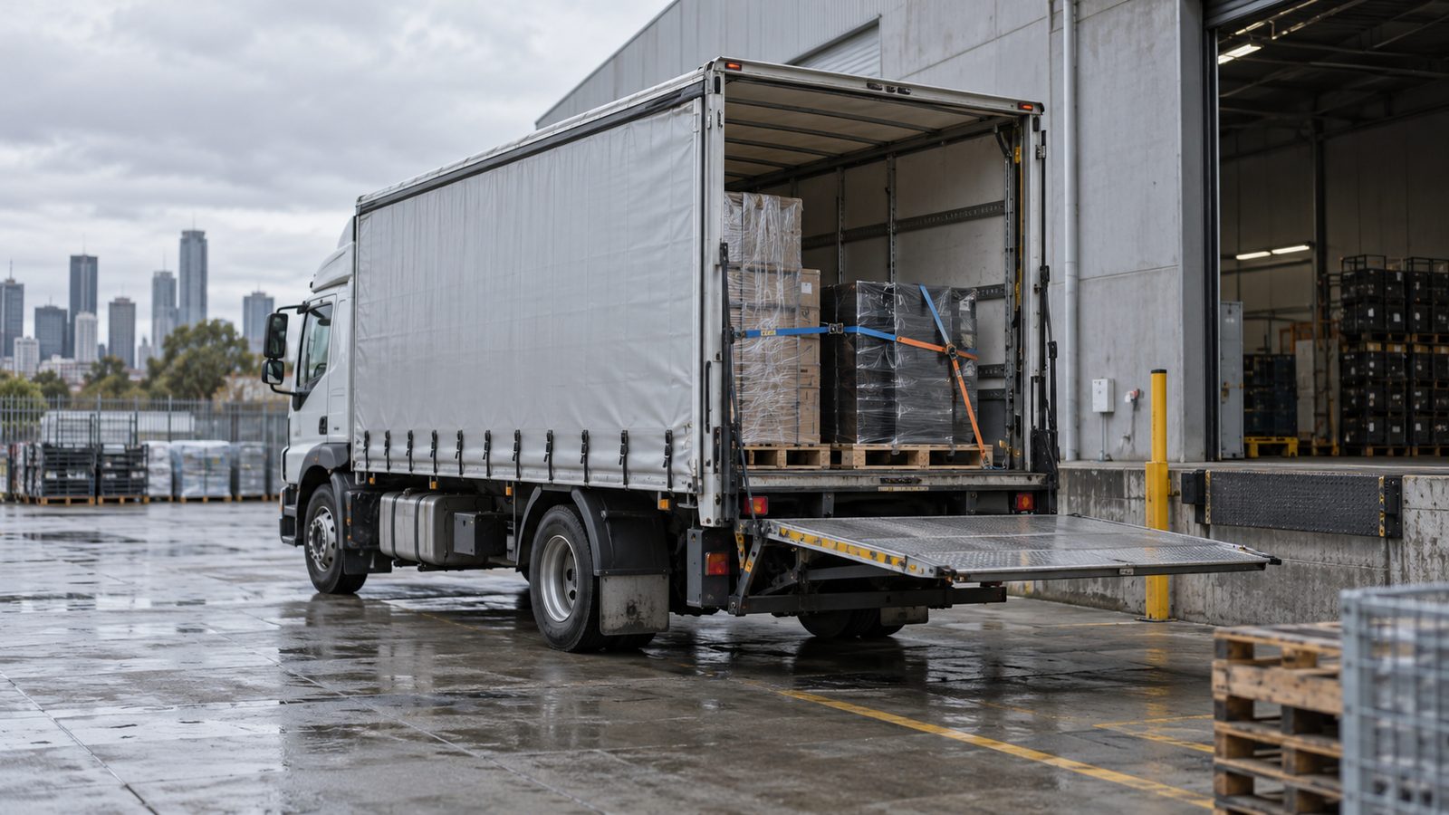 Truck with tail lift at a warehouse dock