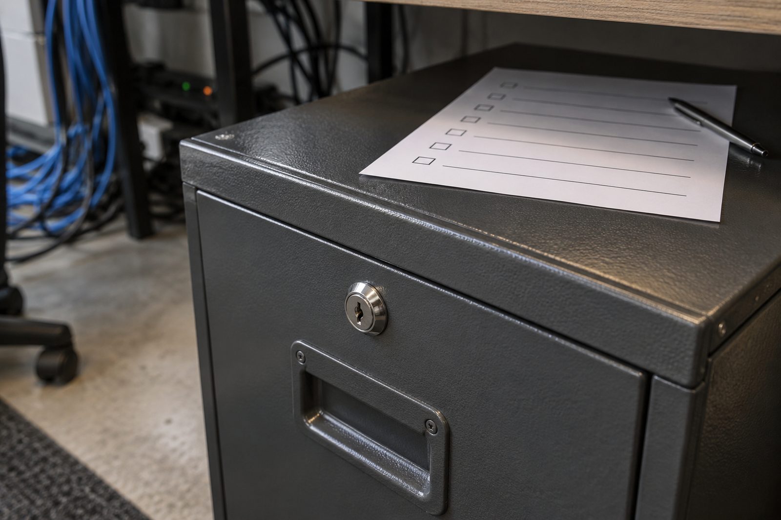 Locked security bin for drives with a checklist on top, close-up