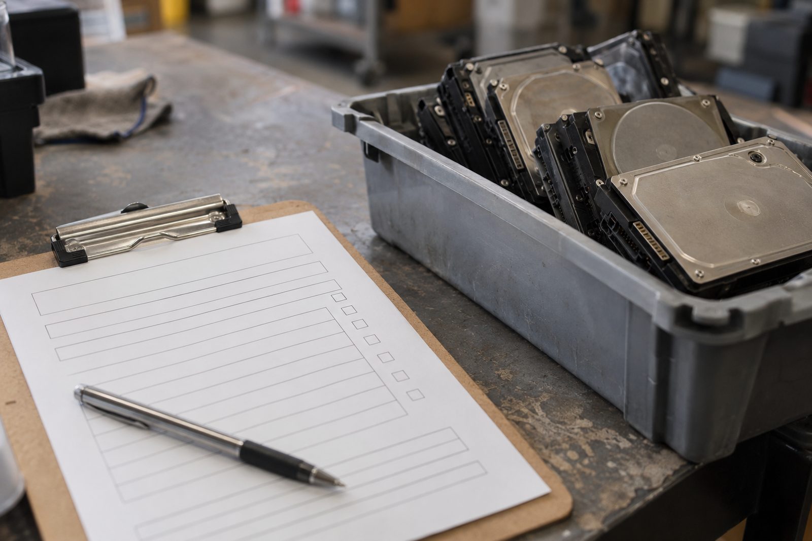 Clipboard beside a tray of removed hard drives, close-up