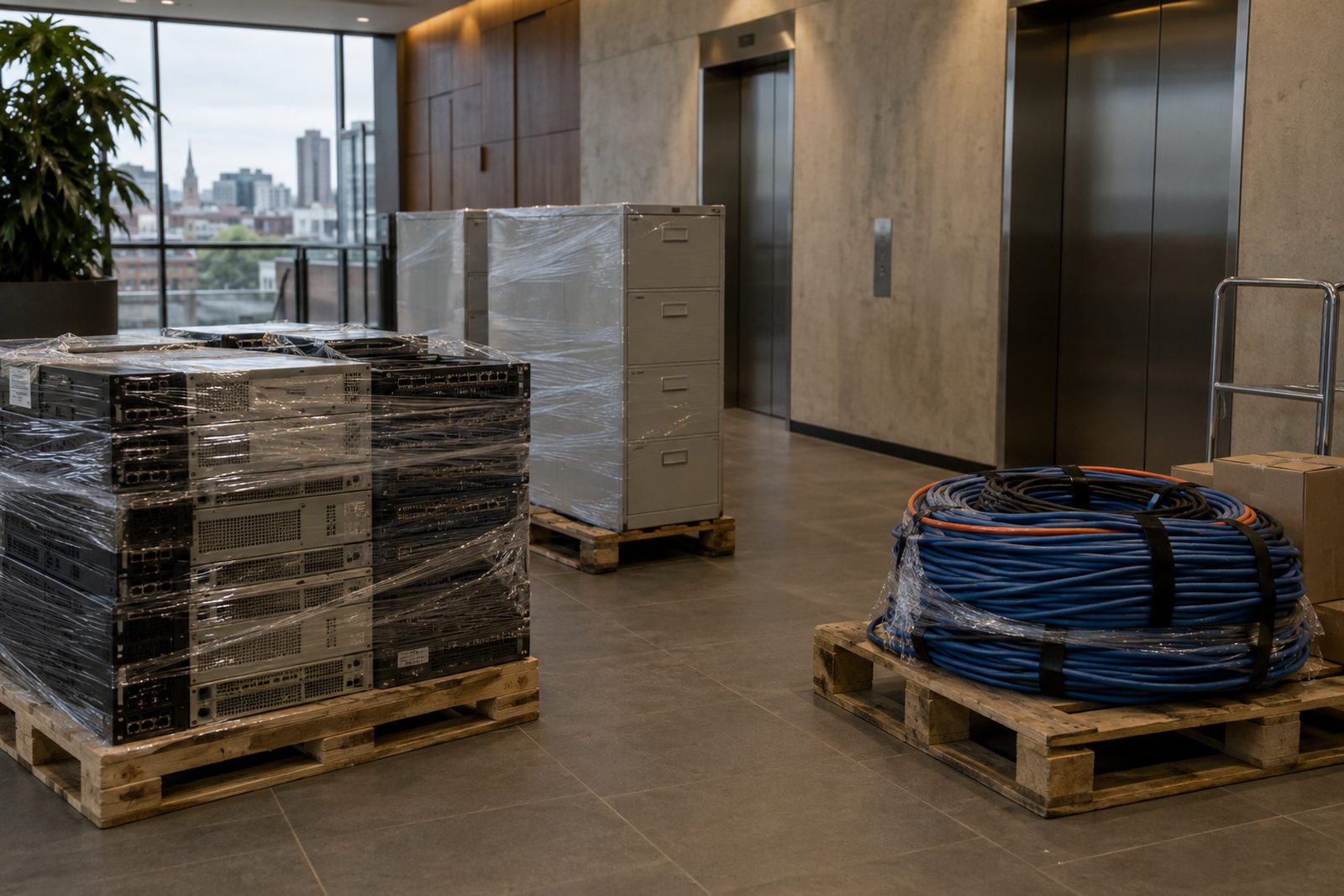 IT, filing cabinets and cable separated in a lift lobby
