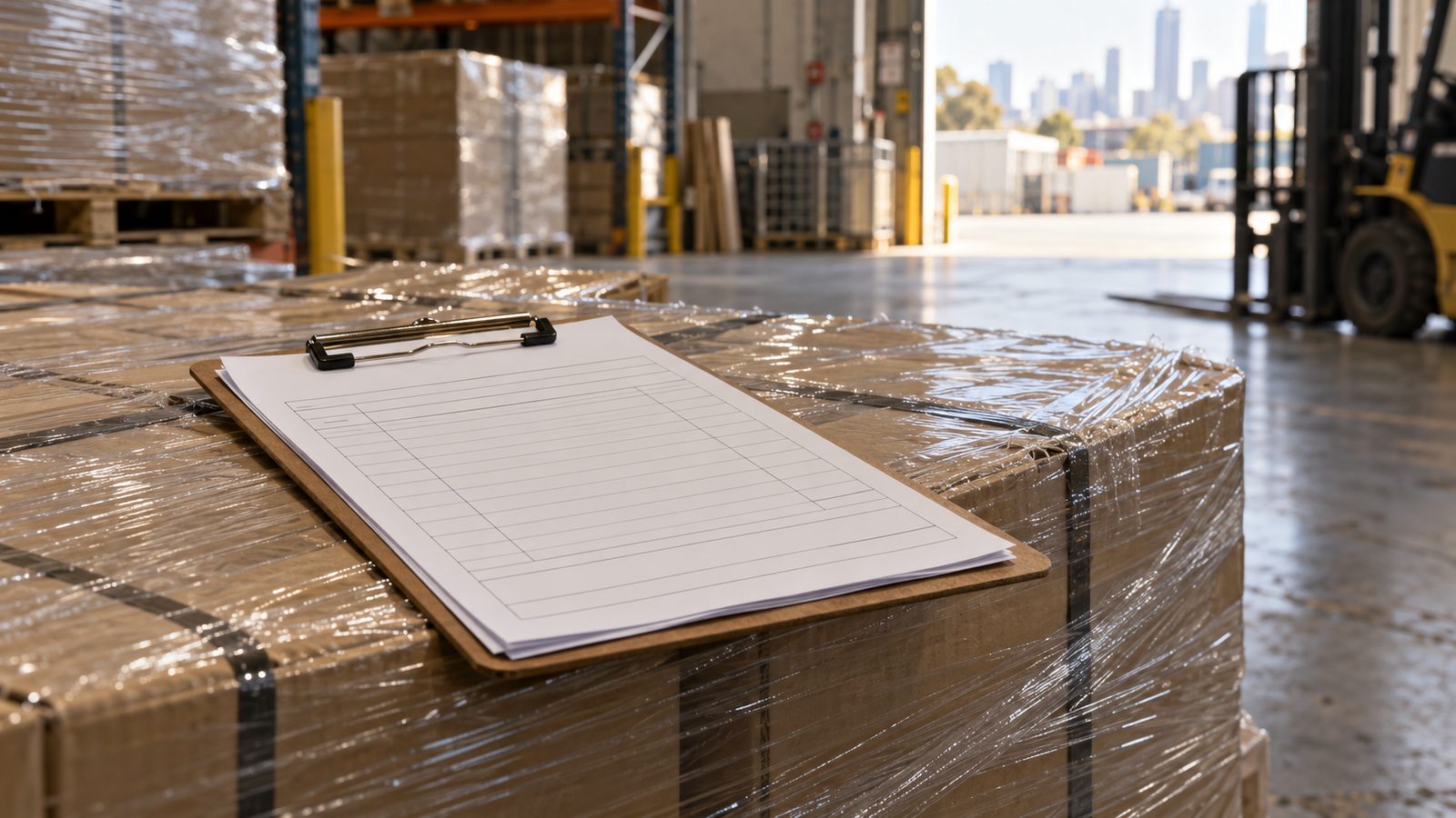 Clipboard of paperwork on a pallet of cartons