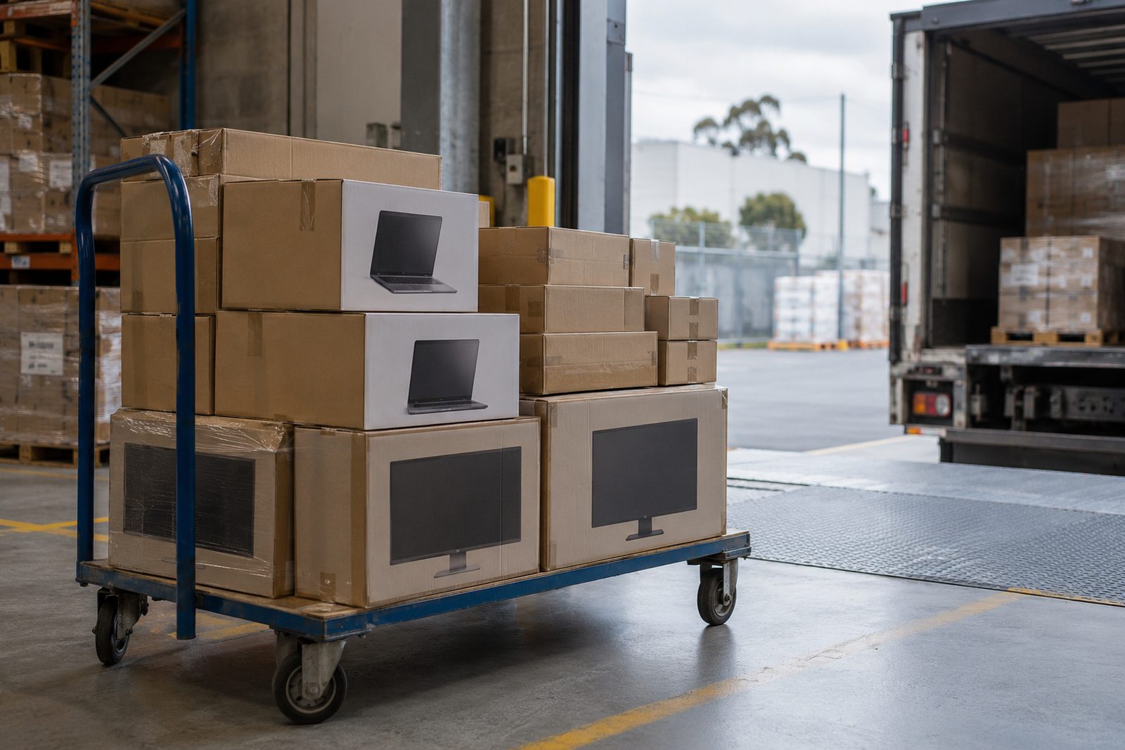 Trolley of boxed laptops at a warehouse unloading point