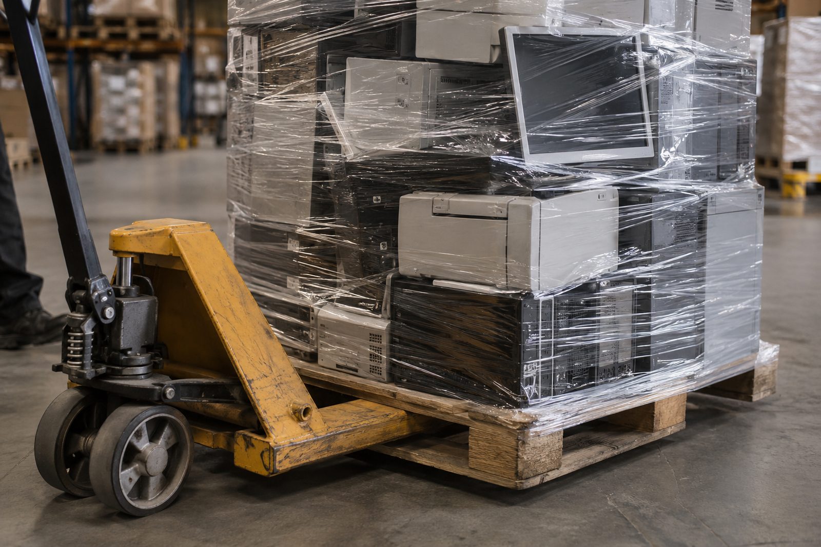 Wrapped pallet of office electronics being moved, close-up