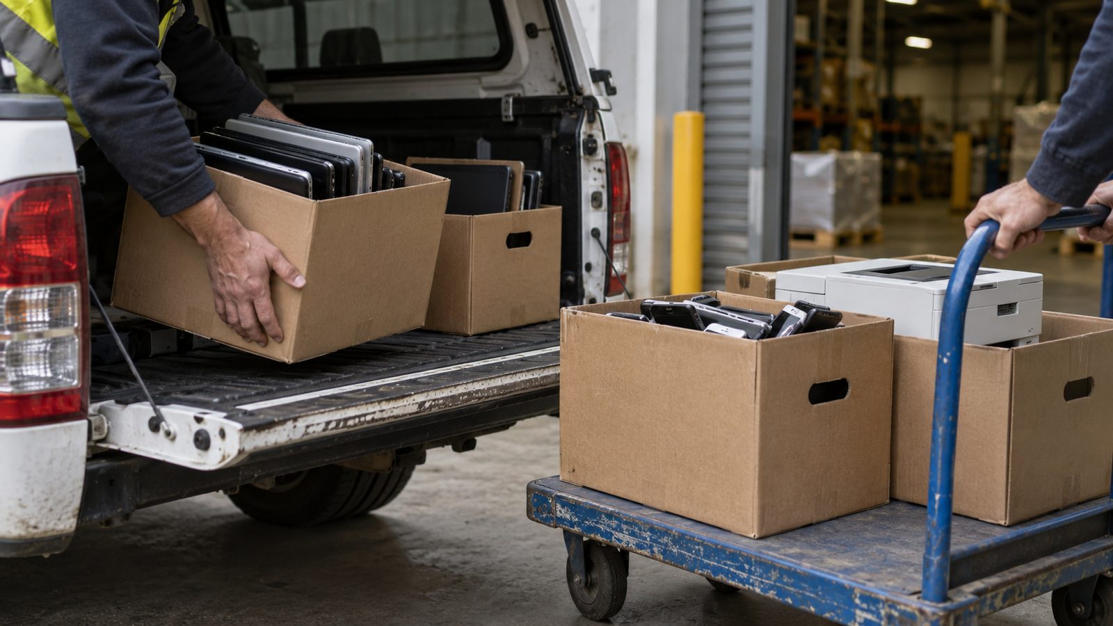 Boxes of old laptops and phones being dropped off at a warehouse by appointment