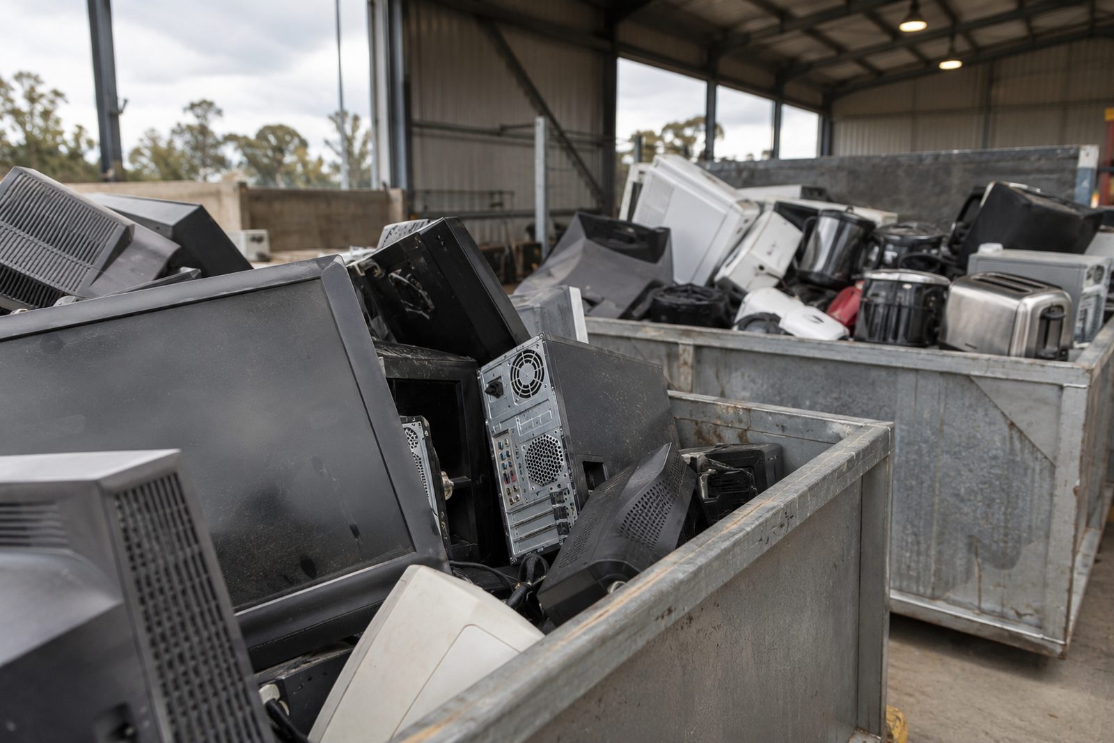 E-waste drop-off bins under a shelter, close-up