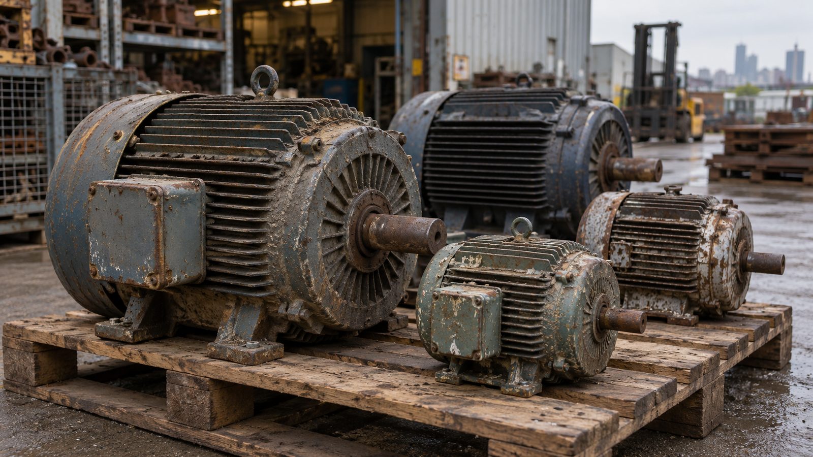 Old industrial electric motors on a pallet