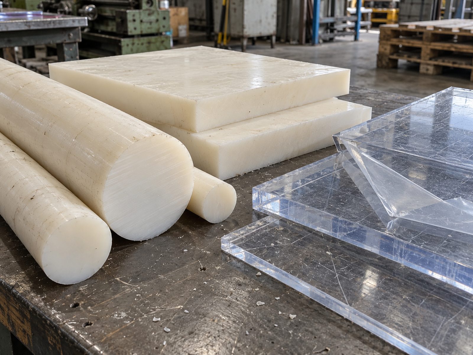 Solid nylon rod and plate offcuts beside clear polycarbonate sheet, close-up