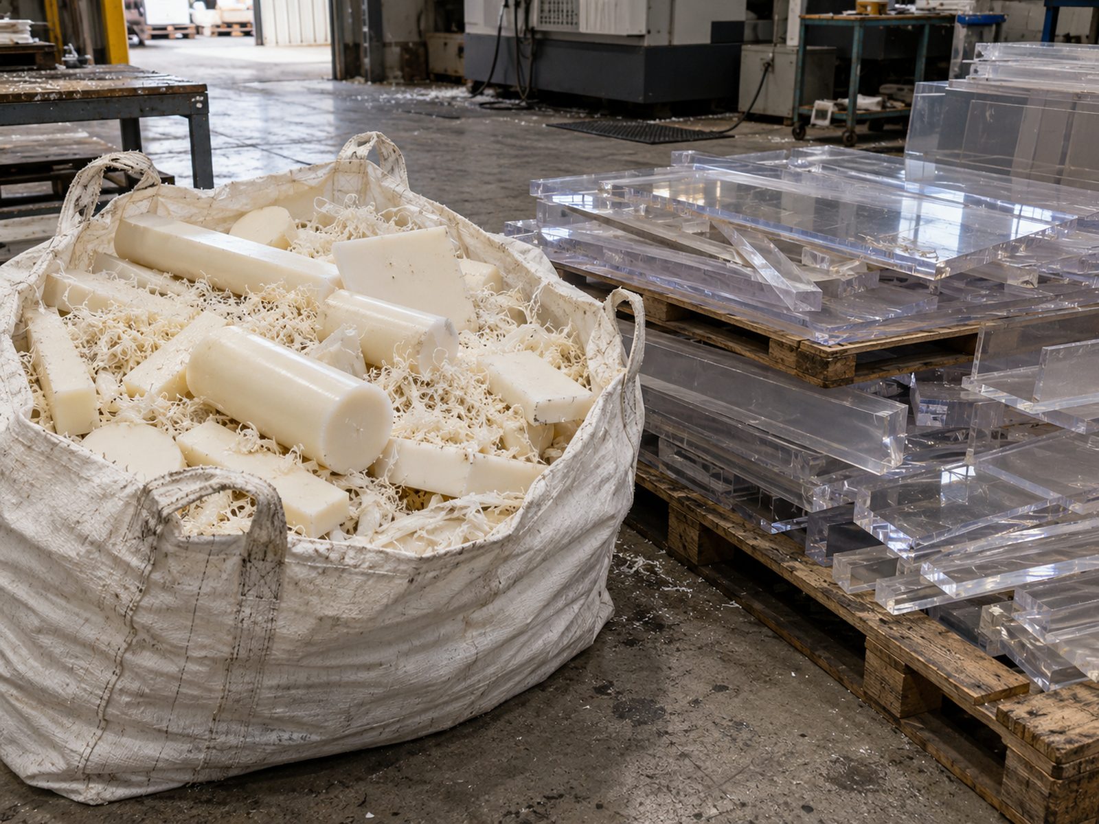 Nylon rod and plate offcuts and clear polycarbonate sheet in a machine shop