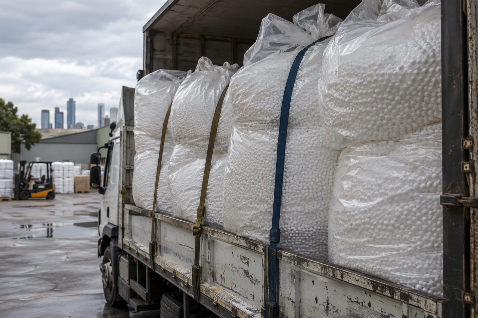 Bags of polystyrene loaded into a truck