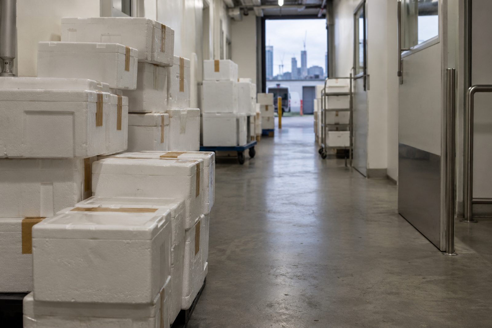 Stacks of polystyrene shipping boxes in a lab corridor