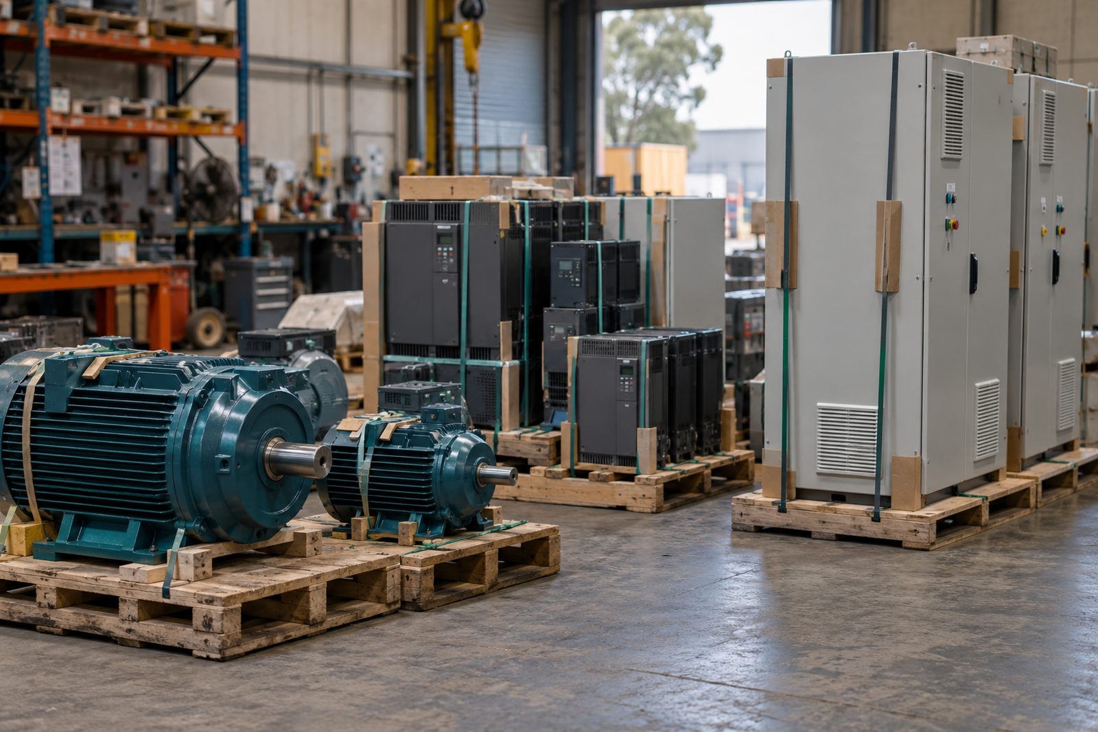 Motors and control cabinets strapped on separate pallets