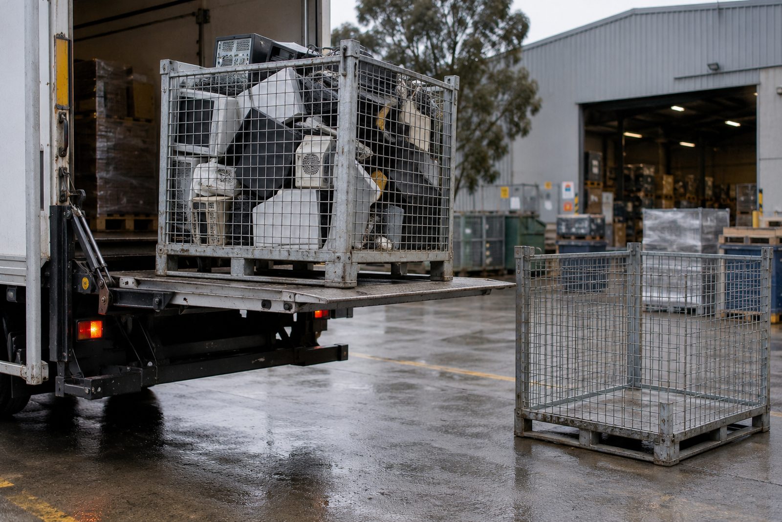 Full e-waste cage swapped for an empty one