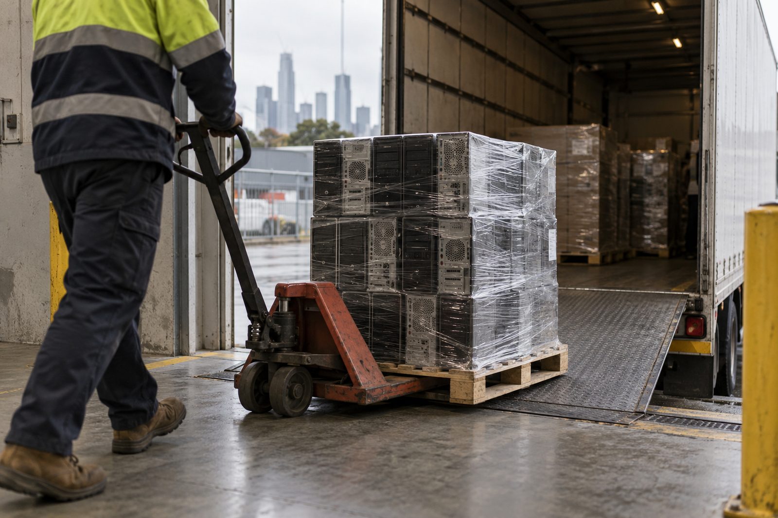 Palletised computers loaded onto a truck