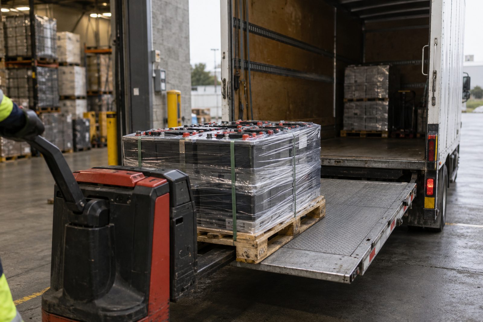 Pallet of batteries loaded onto a tail-lift truck