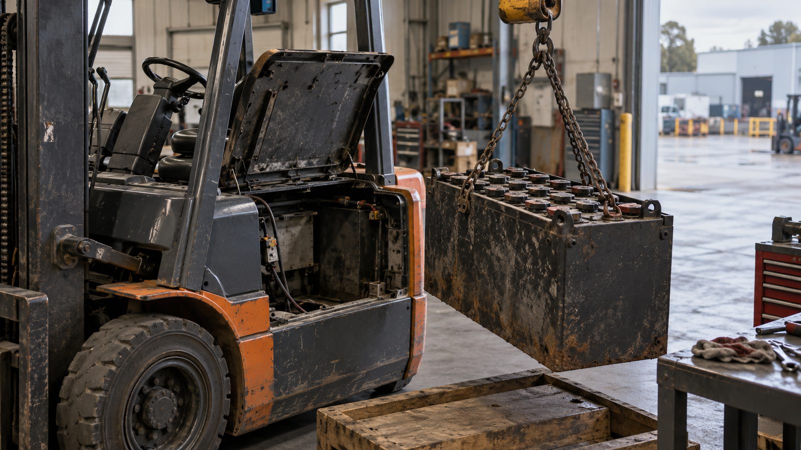 Forklift traction battery being lifted out for replacement