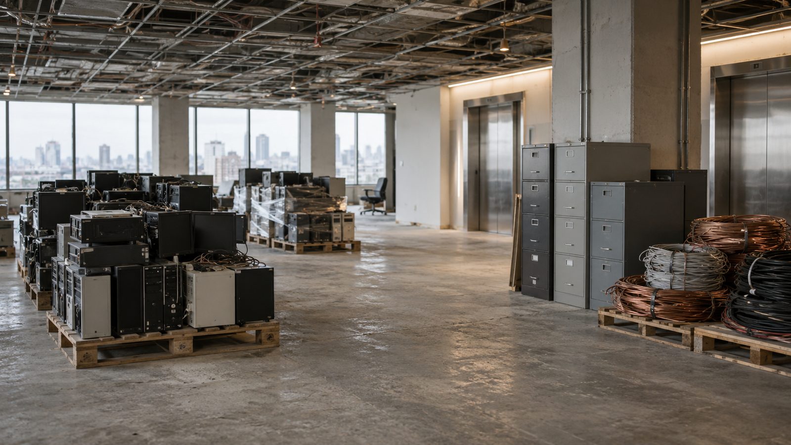 a stripped office floor at handover with palletised IT, steel cabinets and cable separated by stream