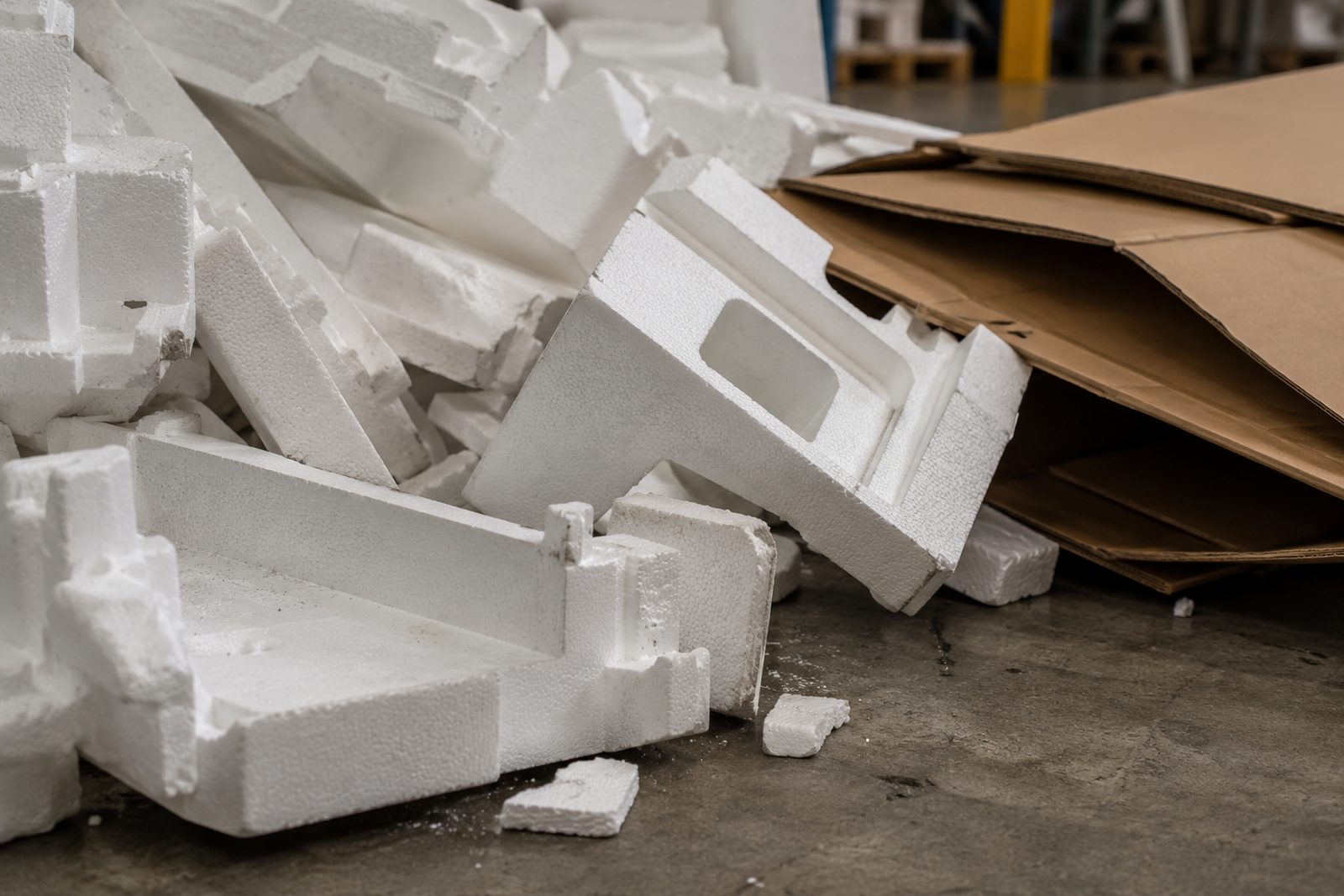 Polystyrene packaging from a delivery on a warehouse floor, close-up