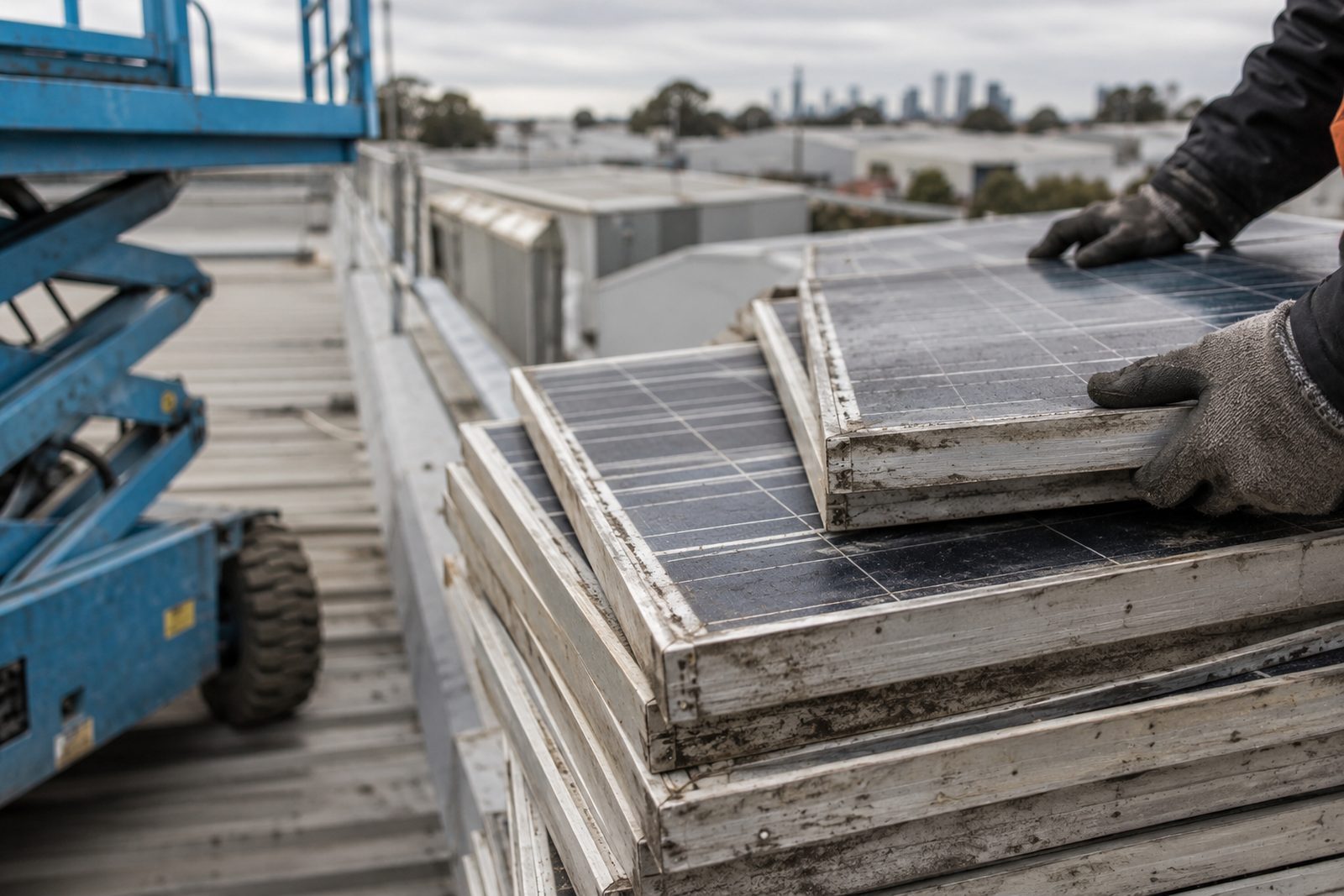 Old solar panels removed from a factory roof, close-up