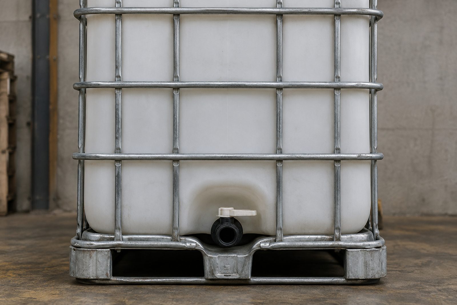 Single 1000 litre IBC container on its pallet base, close-up