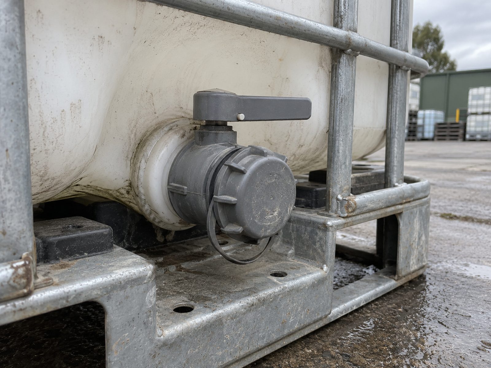 Example of a used IBC bottom valve, close-up