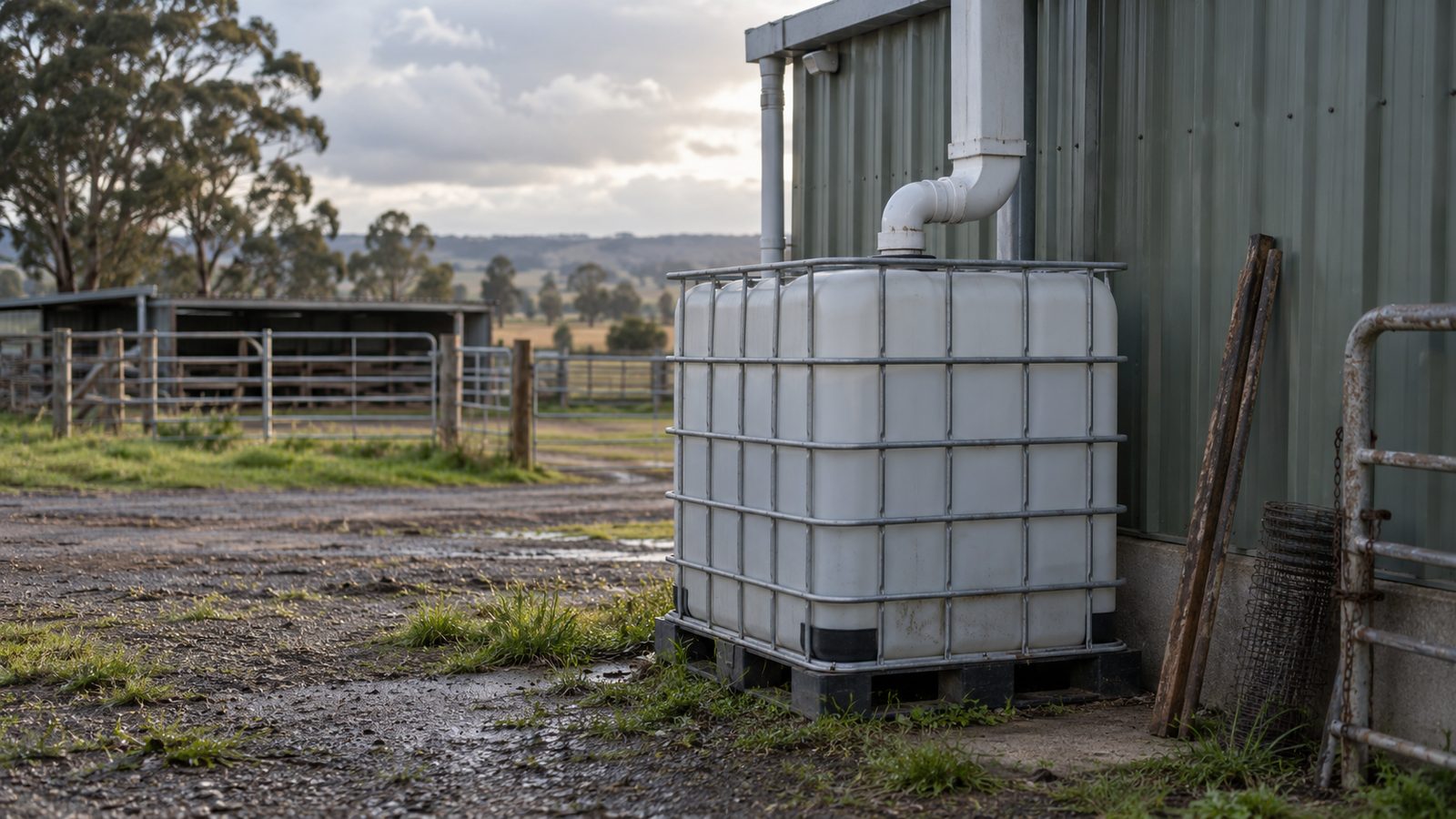 IBC tank used as a rainwater tank beside a shed