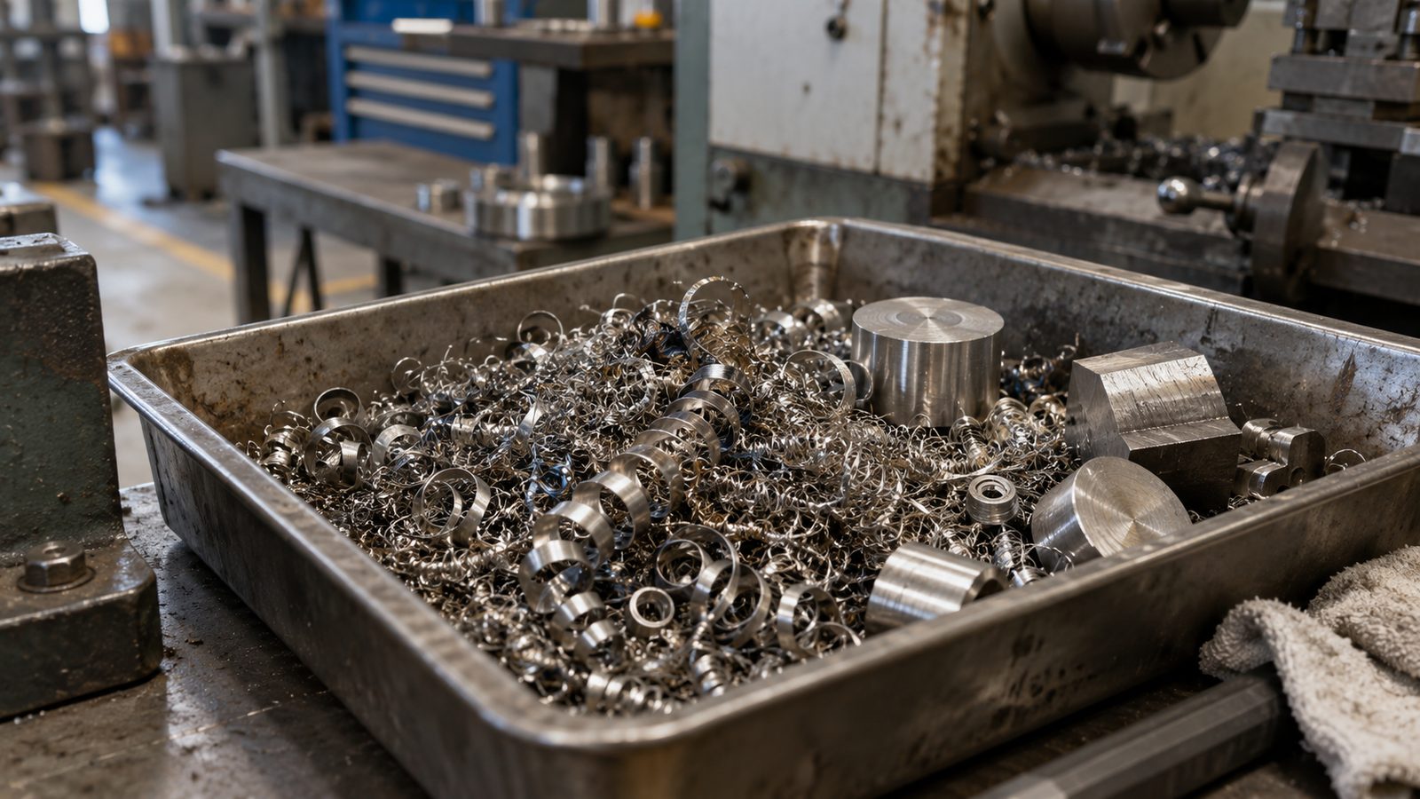 Nickel superalloy turnings and offcuts in a steel tray