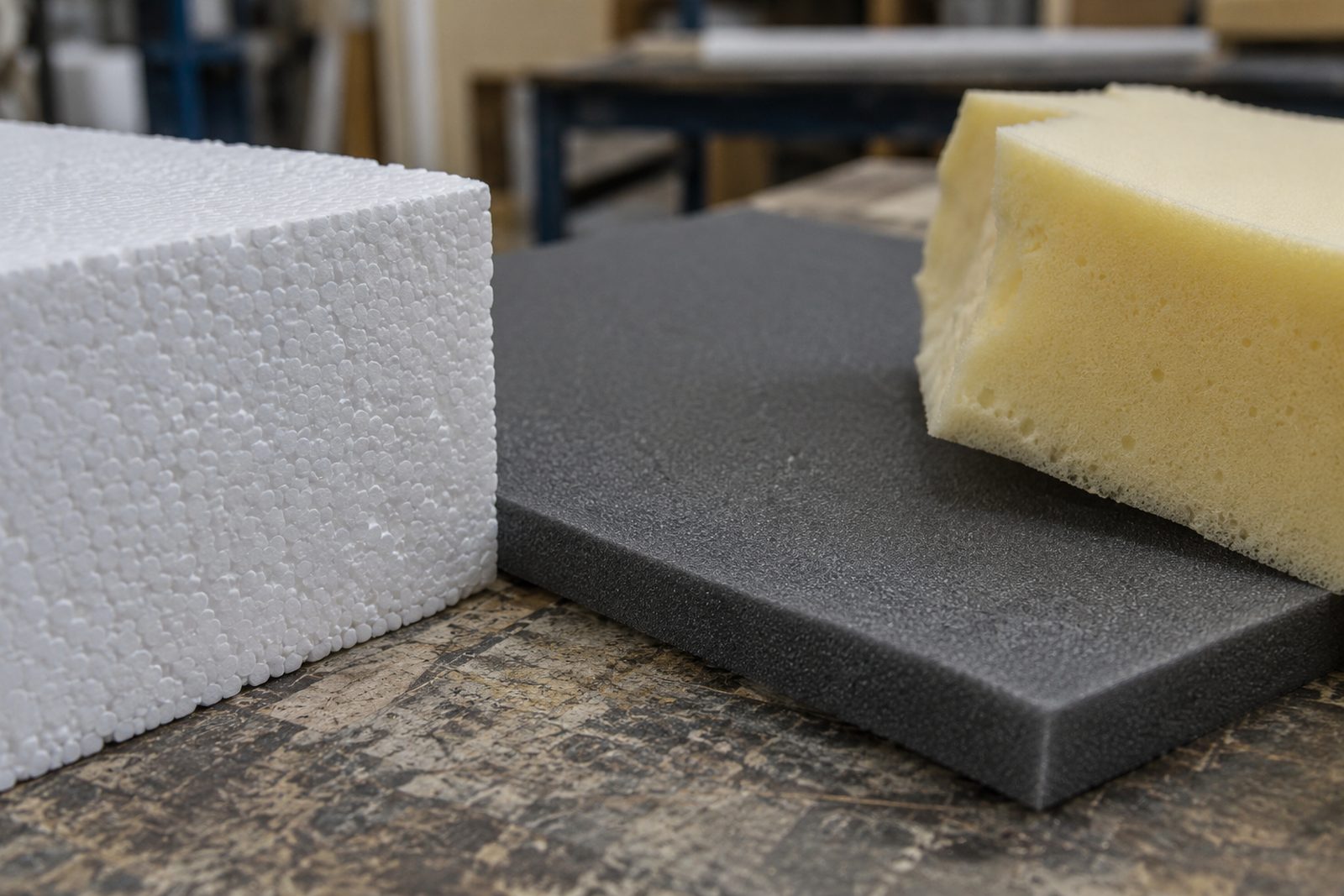 Different types of foam side by side on a bench, close-up