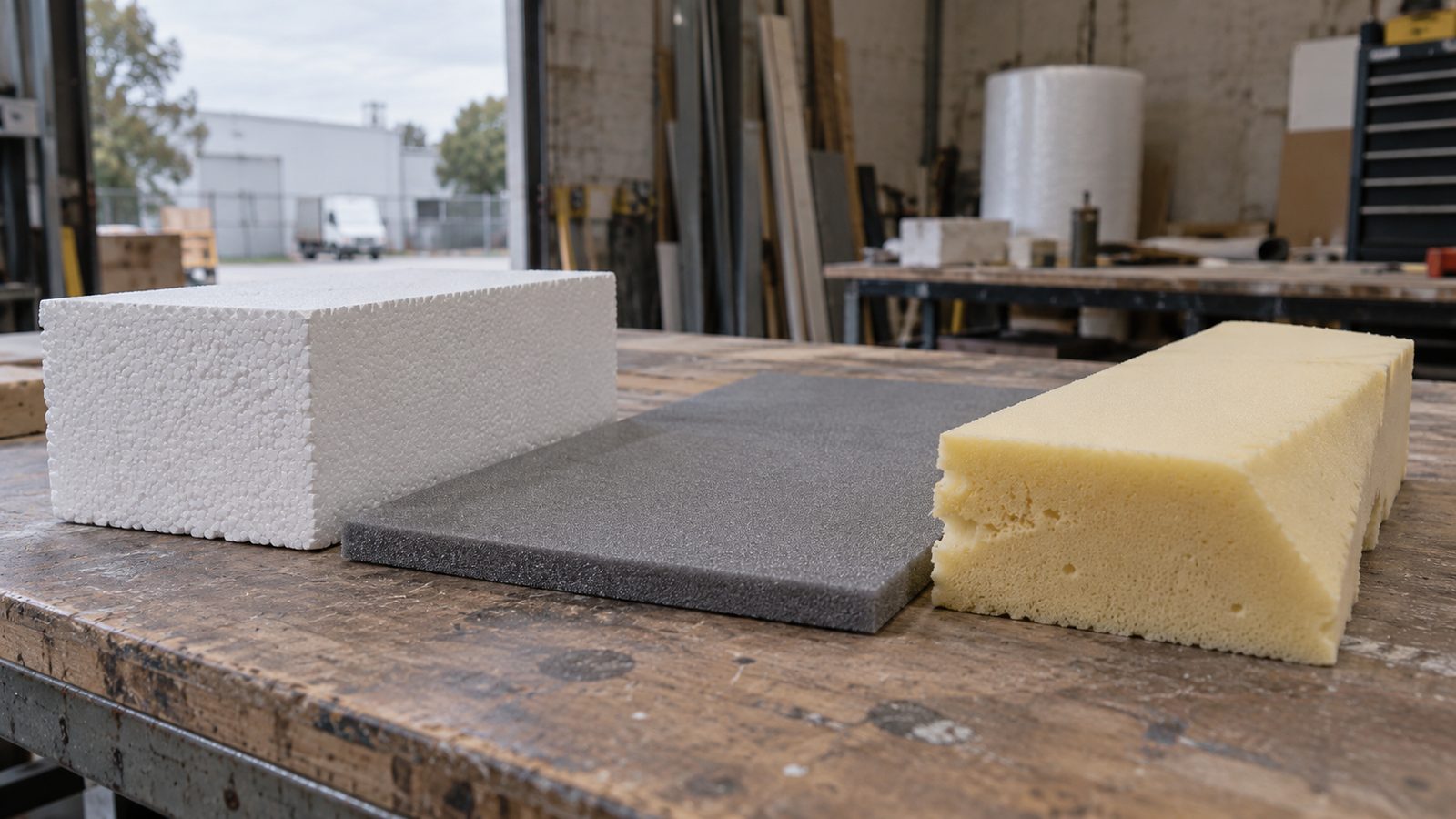 Different types of foam side by side on a bench