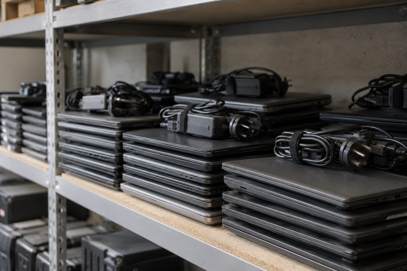 Old office laptops on a storeroom shelf, close-up