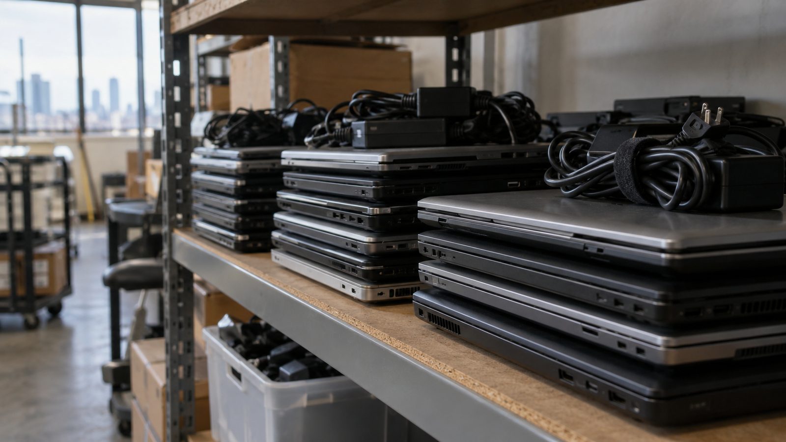 Old office laptops on a storeroom shelf