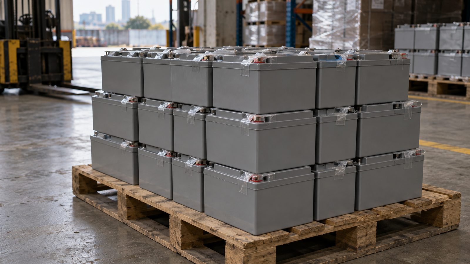 Sealed lead-acid batteries stacked on a pallet with taped terminals