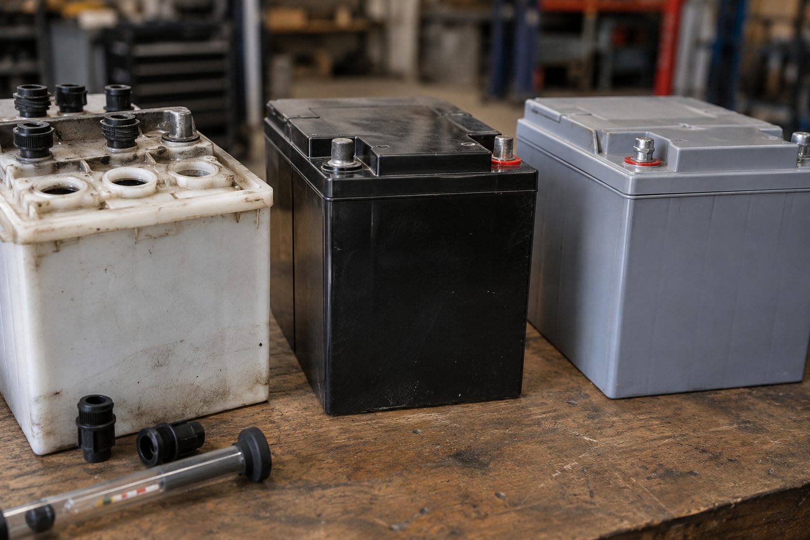 Three types of lead-acid battery on a workshop bench, close-up