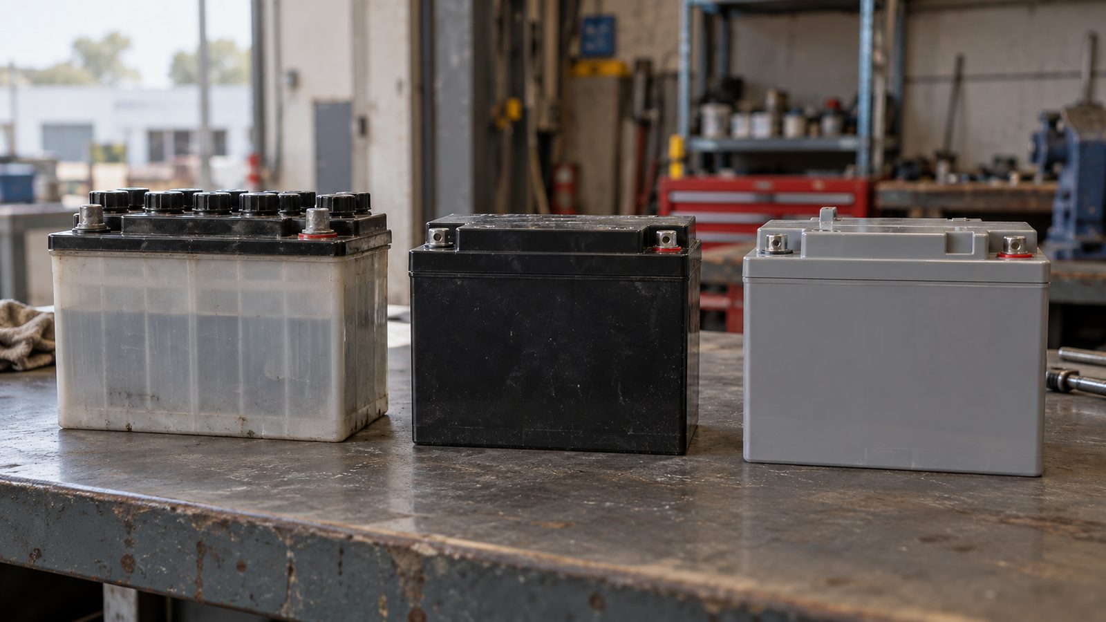 Three types of lead-acid battery on a workshop bench