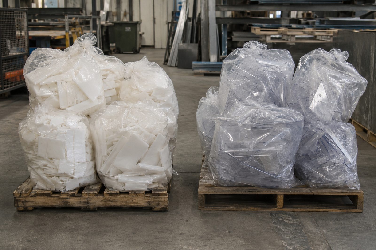 Nylon and polycarbonate offcuts bagged separately