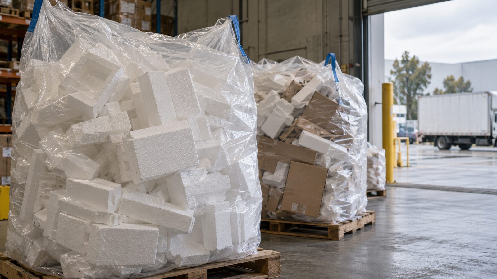 Clean white polystyrene packaging bagged for recycling