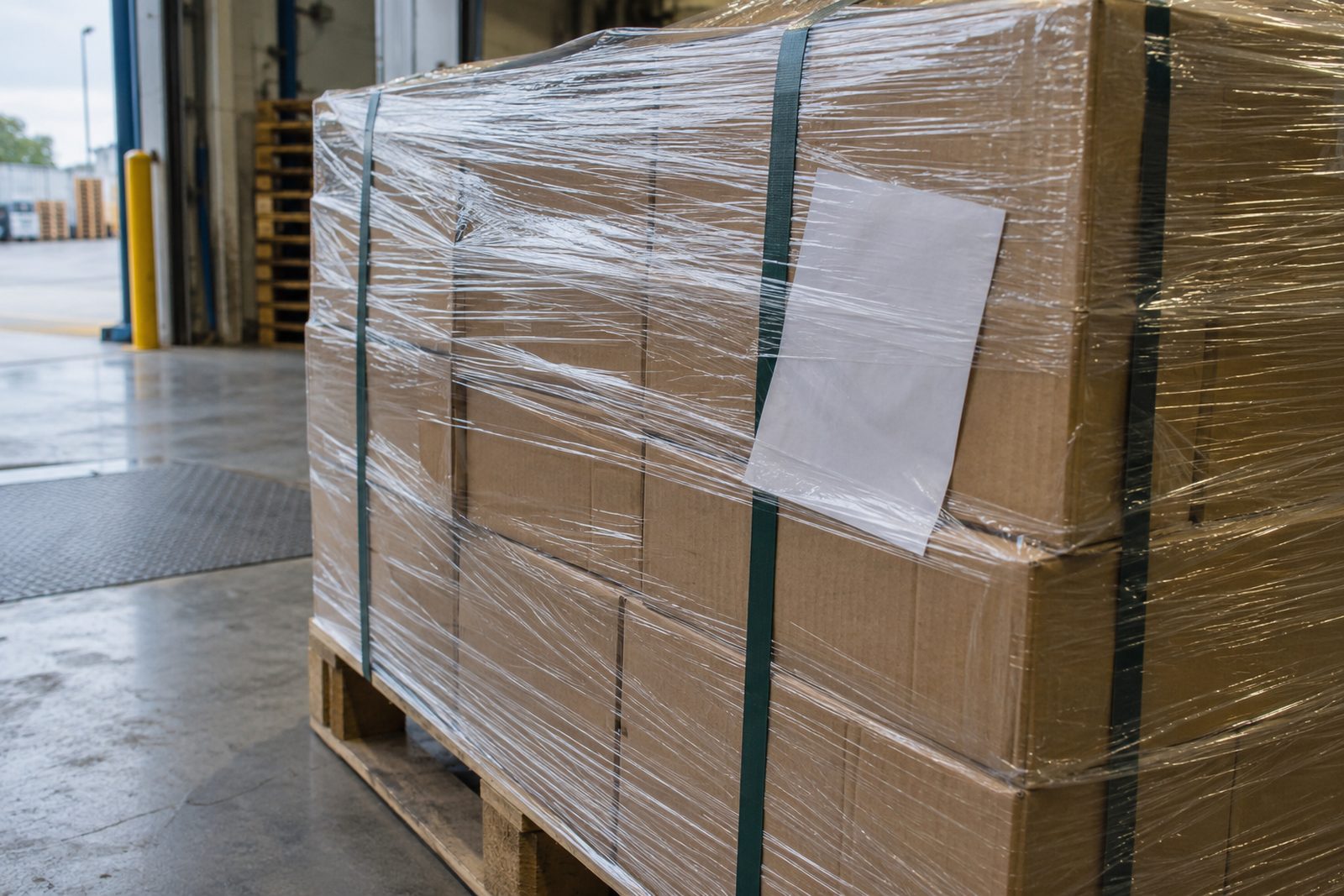Wrapped and strapped pallet prepared for collection, close-up