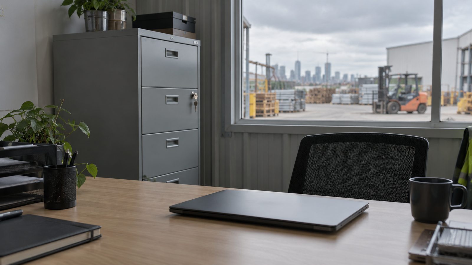 Locked filing cabinet and closed laptop on an office desk