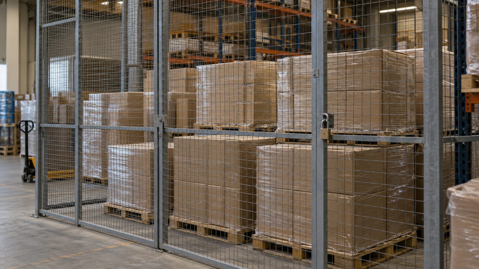 Pallets of surplus stock cartons in a secure cage awaiting destruction