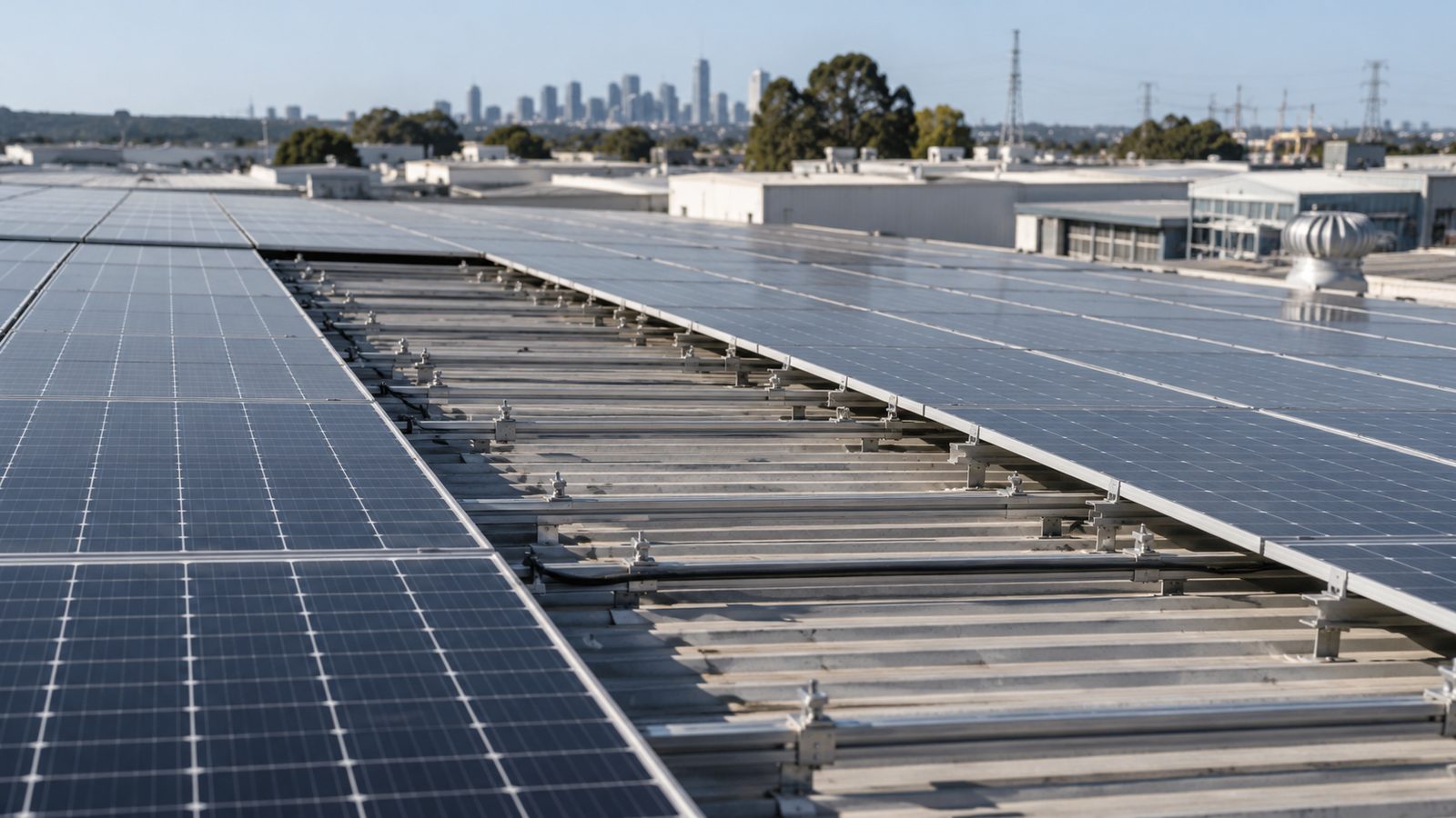 Factory rooftop solar array with one row removed