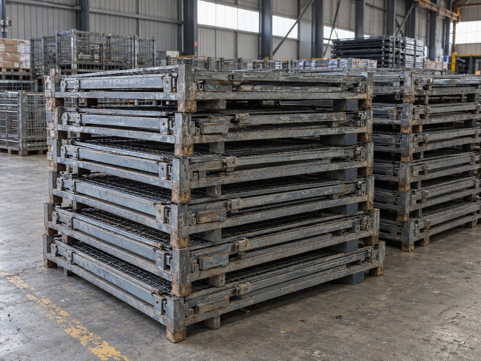Collapsible stillages folded flat, ready for collection