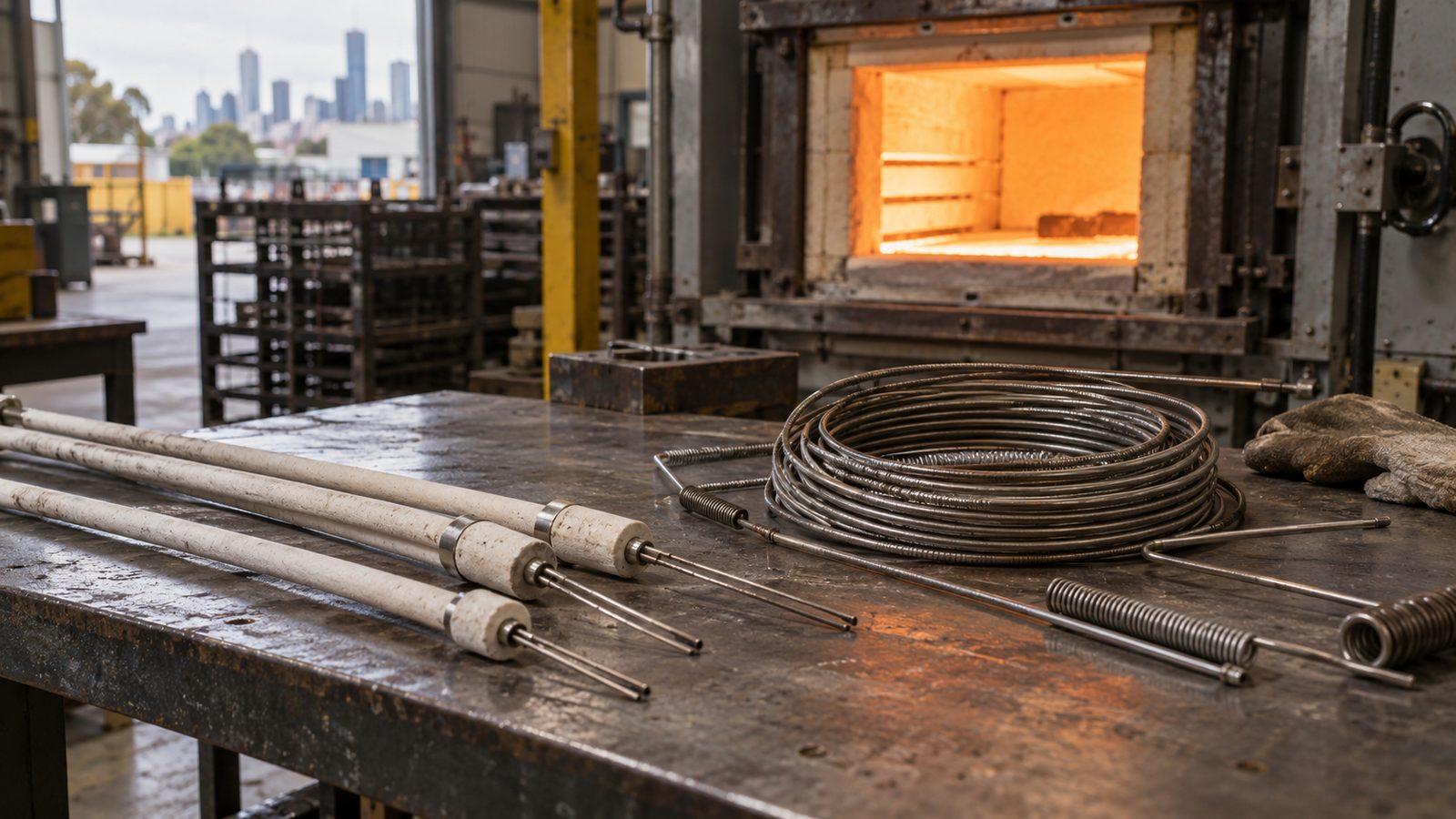 Used thermocouples and furnace element wire on a steel bench