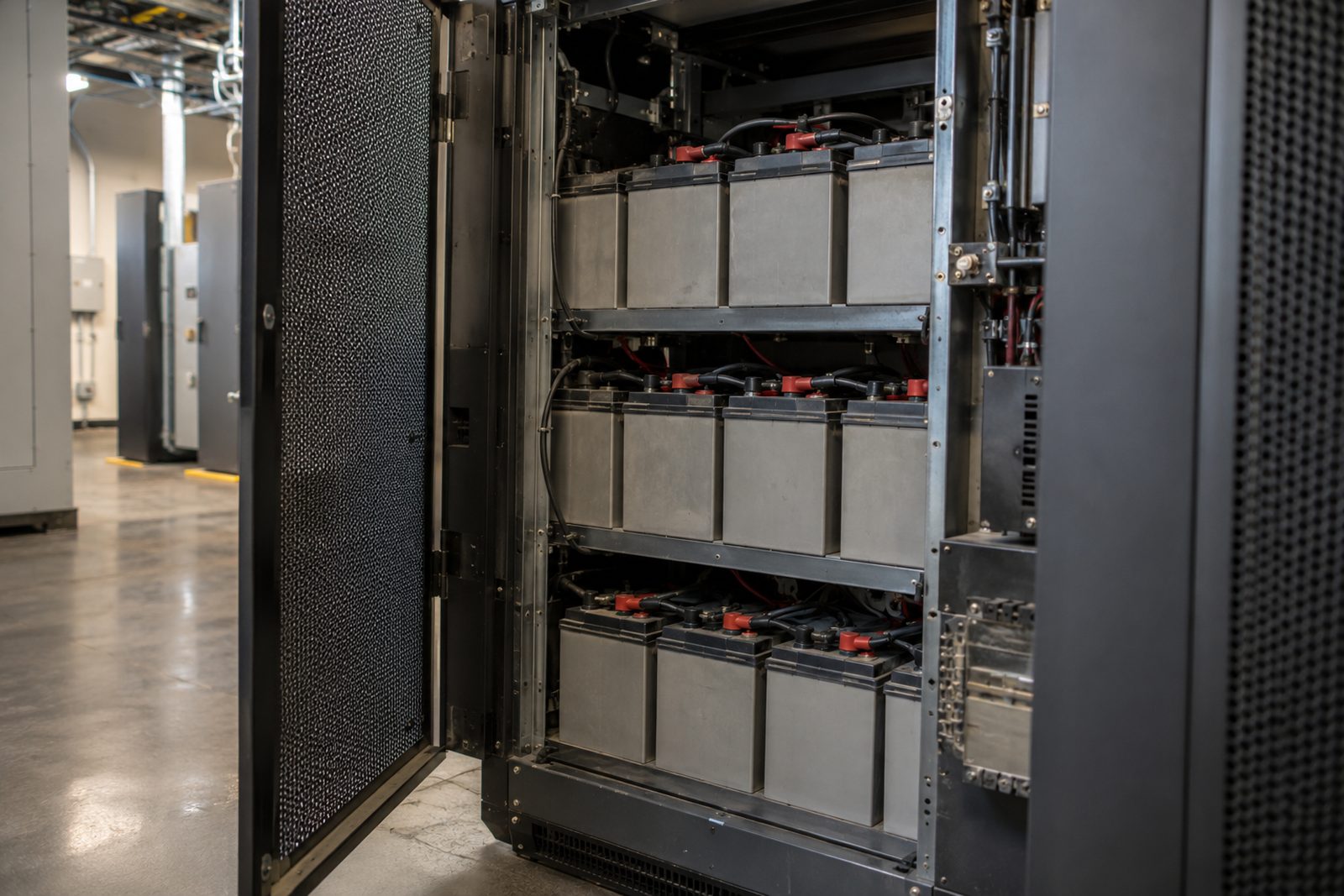Ageing UPS batteries inside an open cabinet