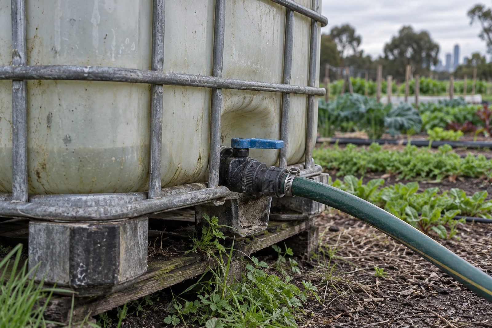 Used IBC tank storing irrigation water in a garden, close-up